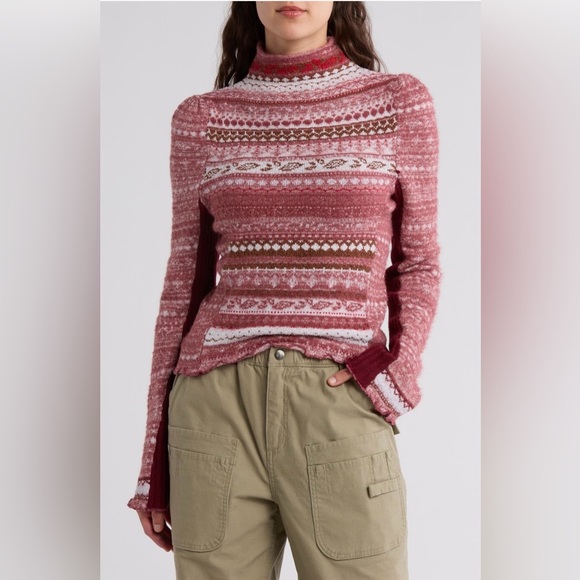 NWT Free People Ball Juniper Turtleneck Sweater in Rhubarb Combo in Size XL - Picture 1 of 11
